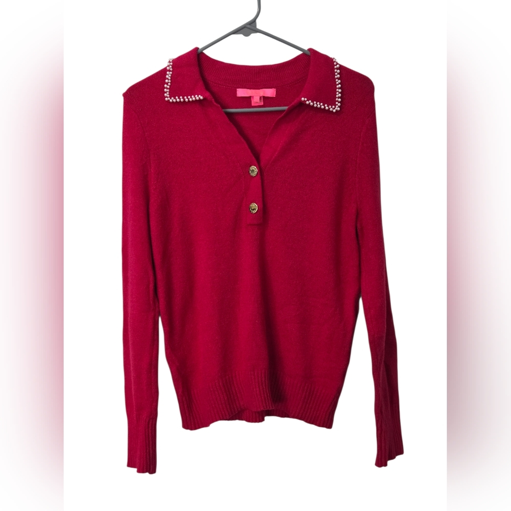 Lilly Pulitzer LZONA Sweater Poinsettia Red Size WomenM Pearl Embellish Holiday